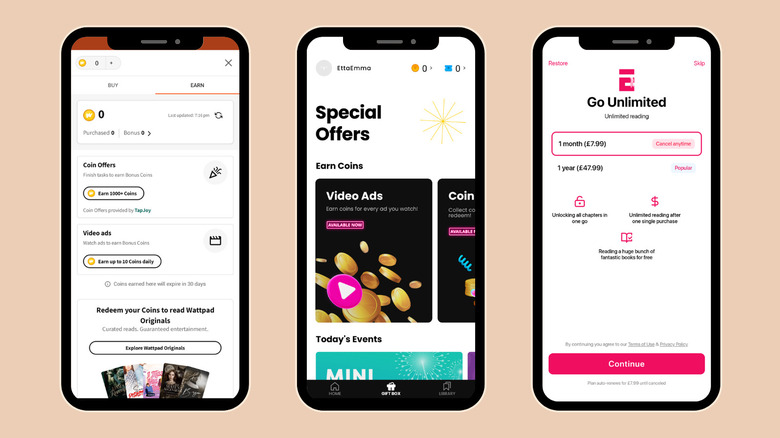 Screenshots of various book reading apps showing how to purchase coins, subscribe or access special offers