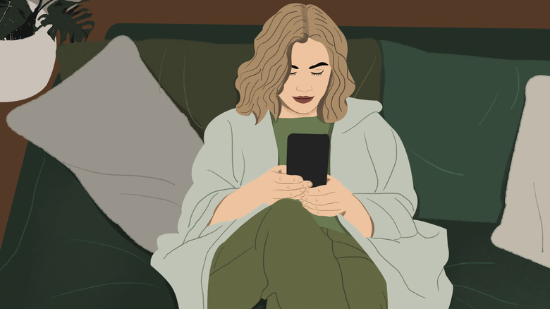 Illustration of a caucasian woman with mid-length brown hair sitting on a green sofa, holding her phone with both hands and looking at the screen