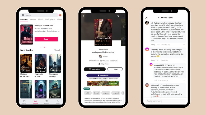 Screenshots of various book reading apps showing book selections and comments section