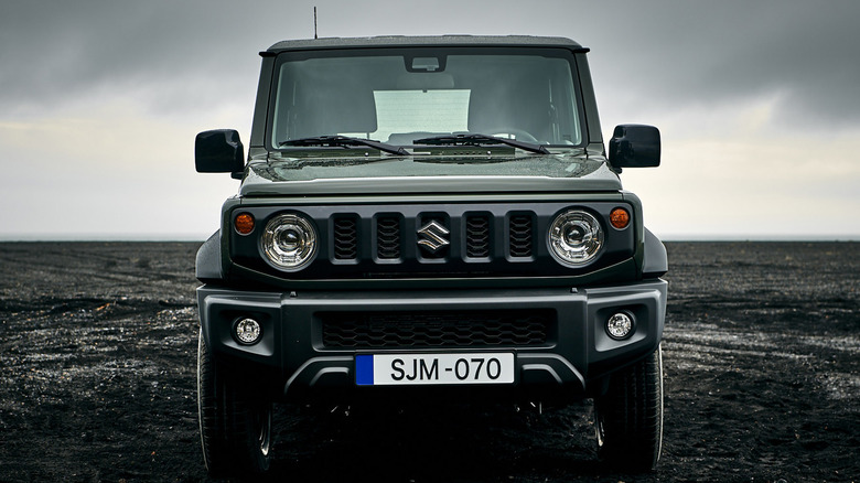 The front view of a black Suzuki Jimny