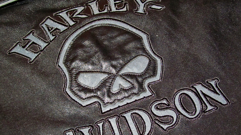 Skull pattern and the words Harley-Davidson on black leather.