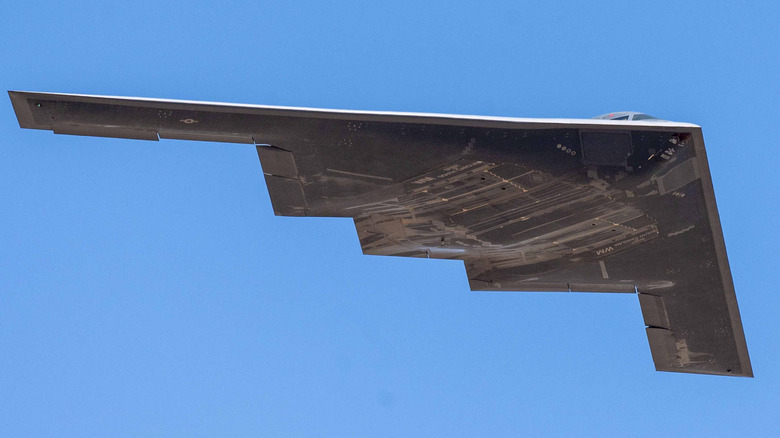 A B-2 bomber makes a low-level flight.