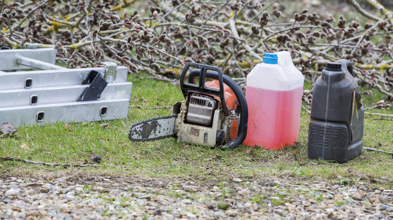 Gas-powered chainsaw next to gasoline container