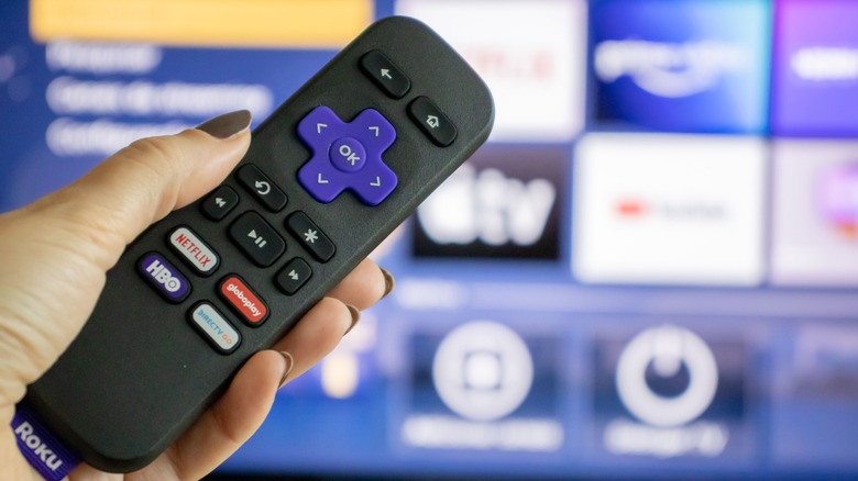 Hand holding Roku remote