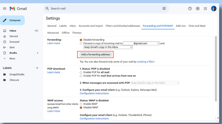 screenshot of auto-forwarding feature in Gmail