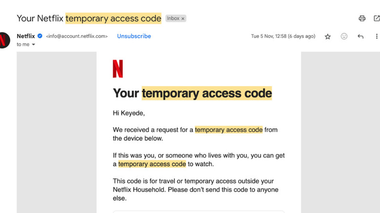 screenshot of Netflix temporary access code on Gmail