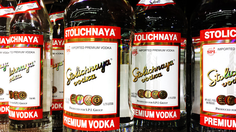 Bottles of Stolichnaya premium vodka stacked together