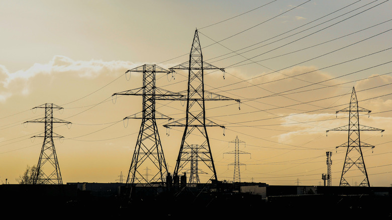 Power lines held up by transformers.