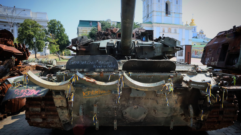 a destroyed Russian T-90 Tank on display in Kiev, Ukraine