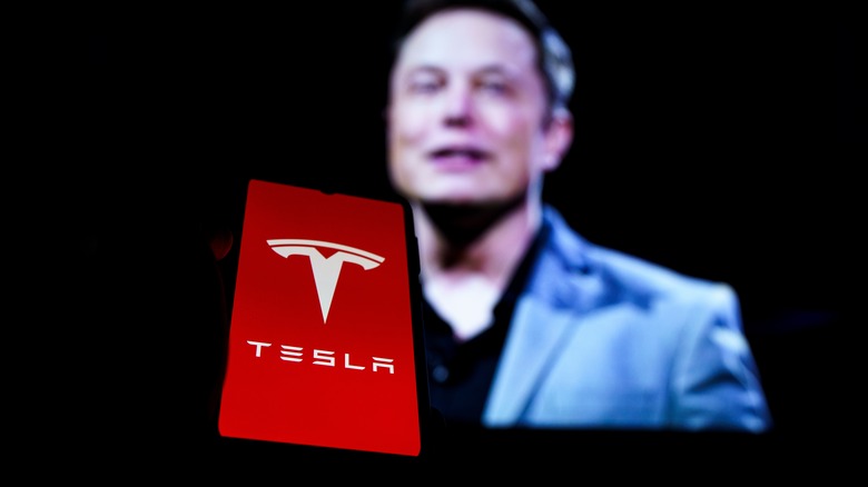 Tesla logo and Elon Musk