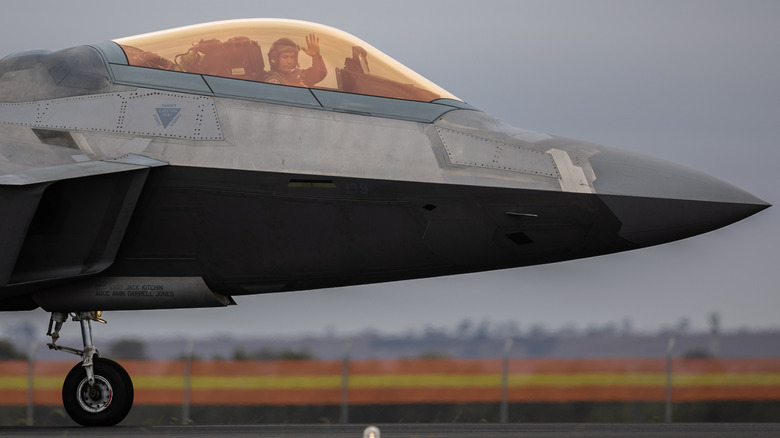 F-22 Raptor pilot waves in cockpit