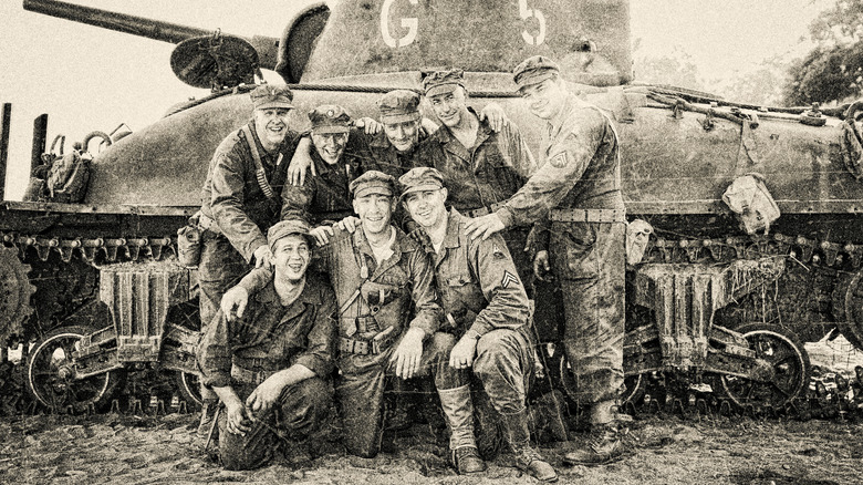 Crew of a Sherman tank poses