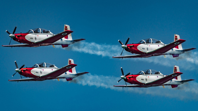 Four Israeli Air Force Aerobatic Team T-6 Texas II planes performing on Independence Day in 2022