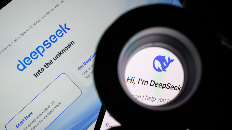 DeepSeek AI logo being look at under lens with desktop client in background