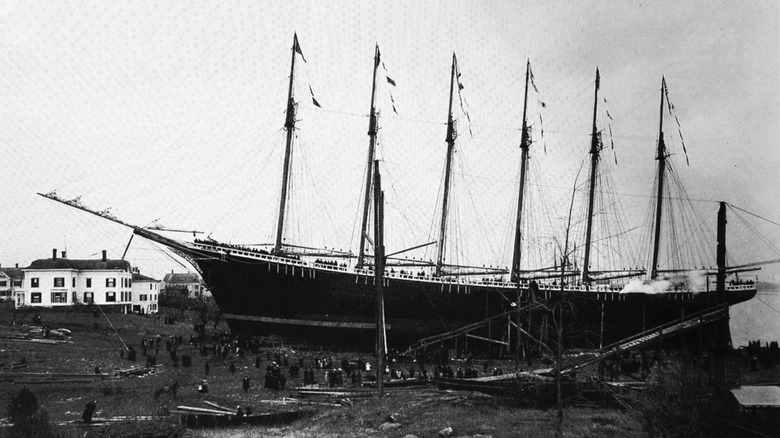 The six-mast schooner Wyoming docked in an undated photo, likely around 1909