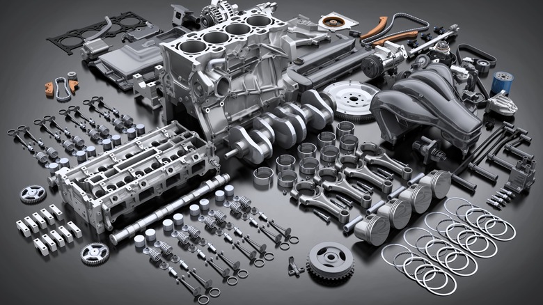 Disassembled four-cylinder engine