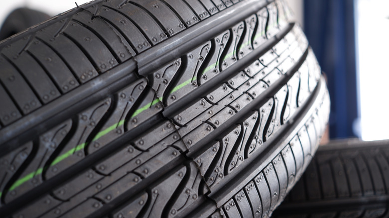 Closeup photograph of a tire's treads