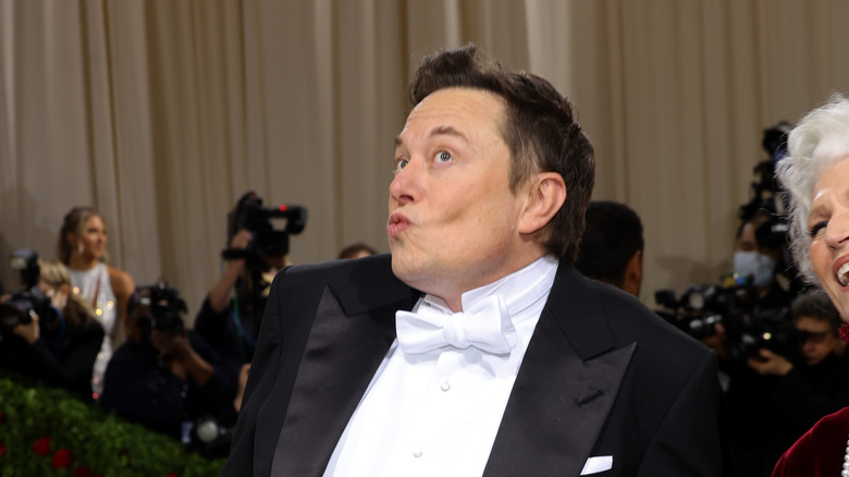 Elon Musk posing at Met Gala