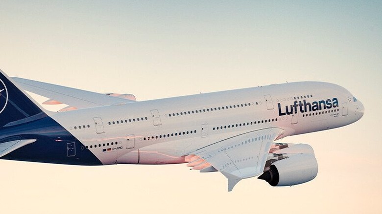 A Lufthansa-operated A380 takes to the skies