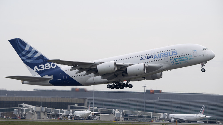 An Airbus A380 takes off from  the runway