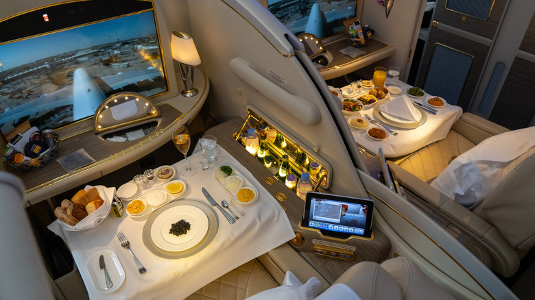 Emirates shows off the luxuries of its A380's business class cabin at the Dubai Airshow