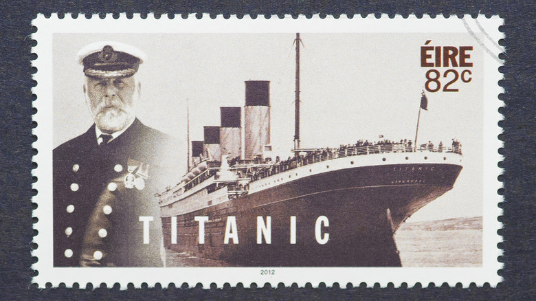 A 2012 postage stamp from Ireland showing an illustration of the Titanic and its captain, .Edward Smith