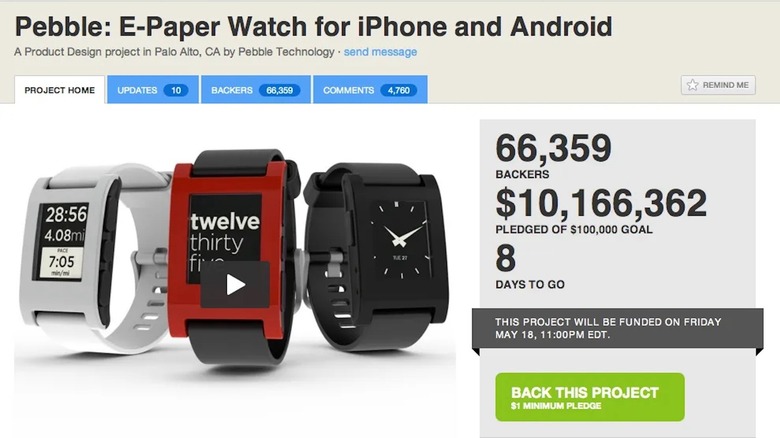 screenshot of completed Pebble Kickstarter campaign page