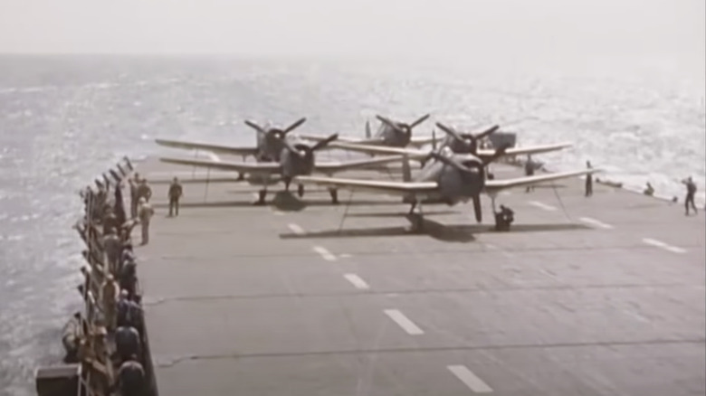 Airplanes on the deck of an aircraft carrier