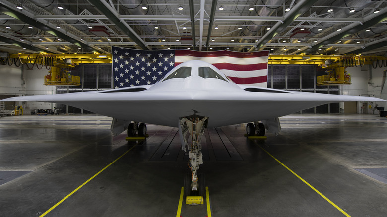 B-21 Raider stealth bomber in a hanger