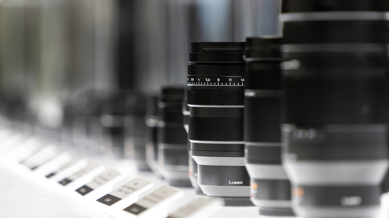 Panasonic lenses displayed in a line