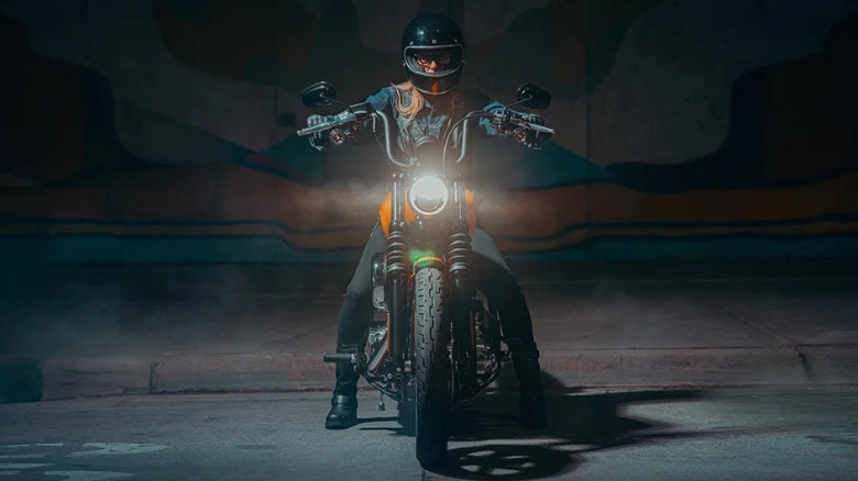 Ridder sitting on stationary Harley-Davidson motorcycle