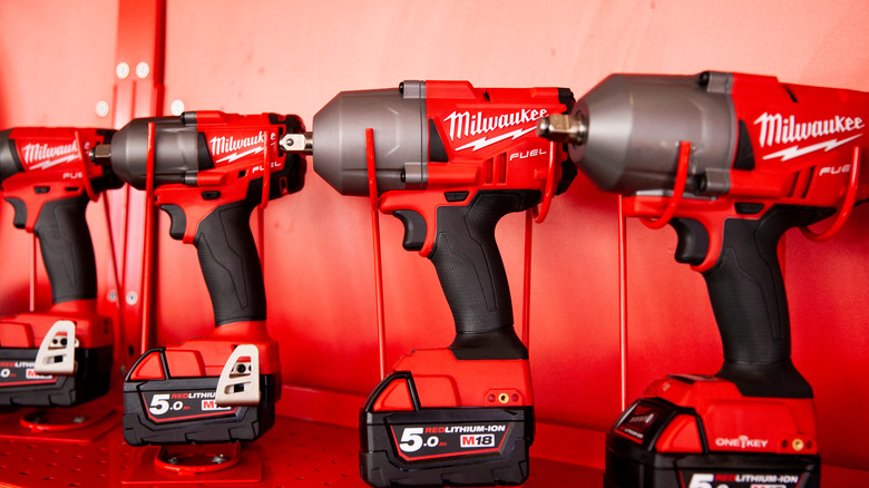 Milwaukee power tools lined up 