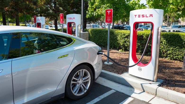 EV charging at a Tesla station 