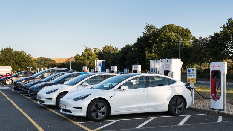 Tesla vehicles connected to charging stations