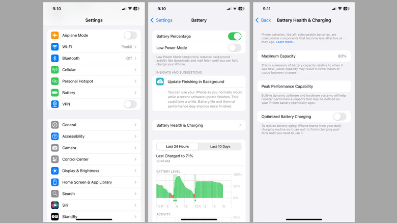 iPhone battery health and charging menu in Settings app