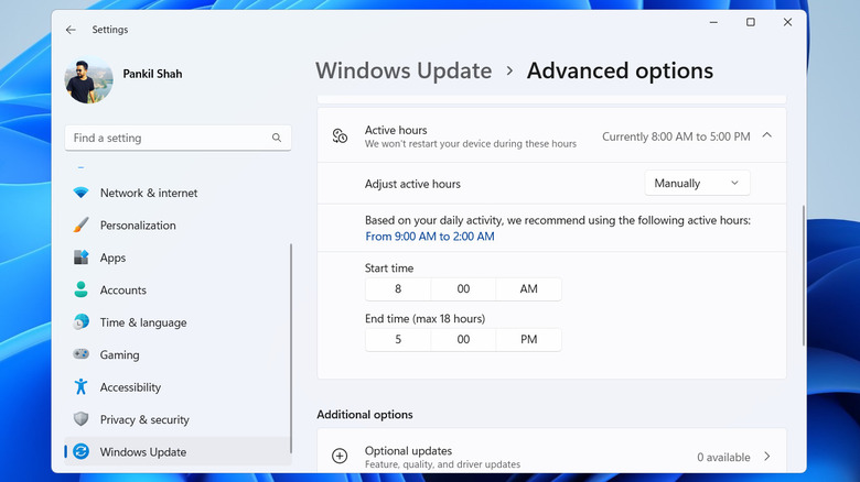 Setting active hours in Windows 11