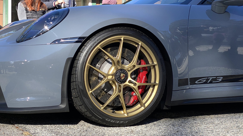 close-up of front tire on Porsche GT3