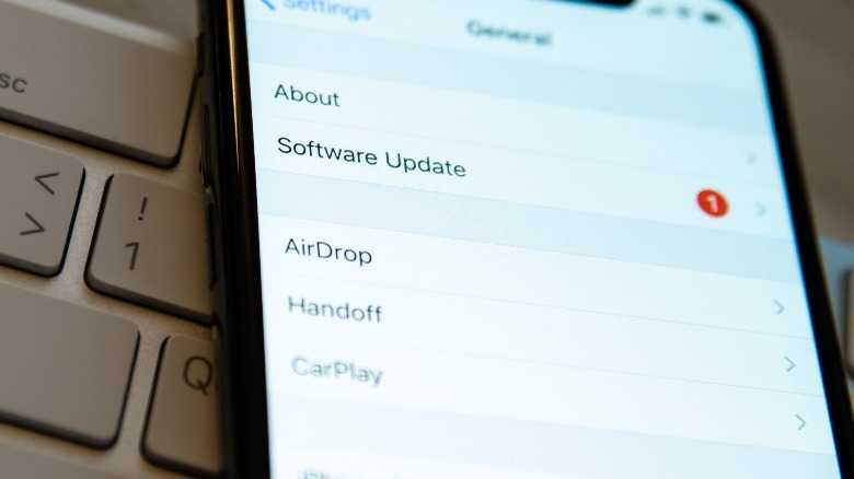 Software update Apple iPhone settings page open on a smartphone screen top of keyboard