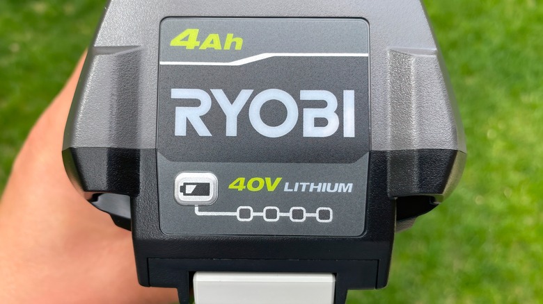 Close-up of Ryobi 40V Lithium battery