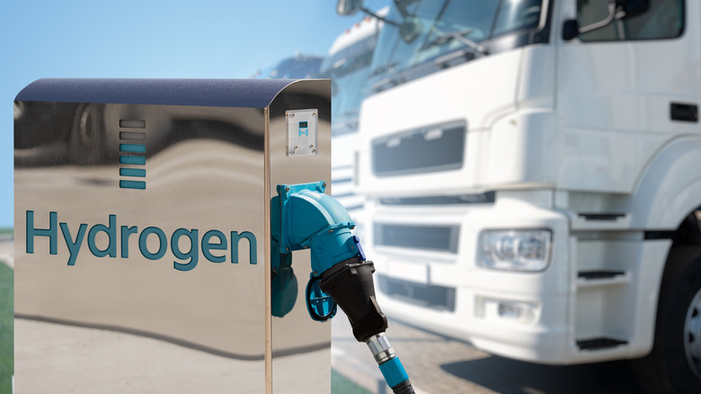 trucks behind hydrogen fueling station