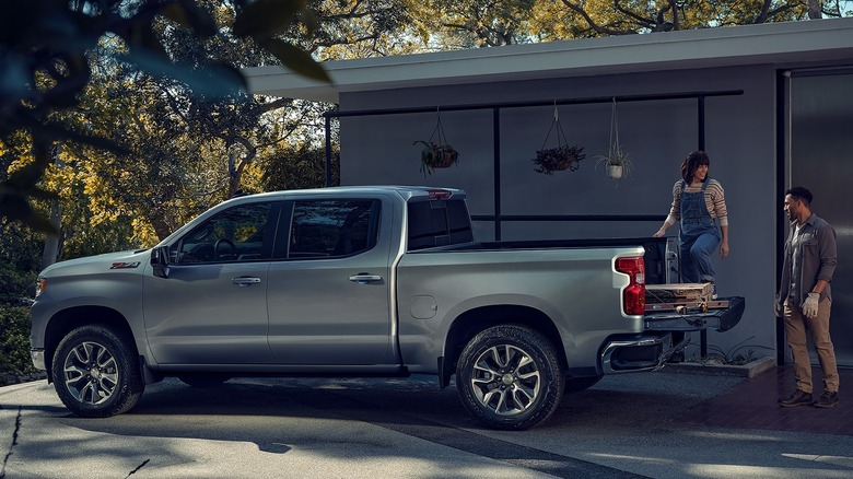 A couple standing next to a pickup truck with its tailgate down.