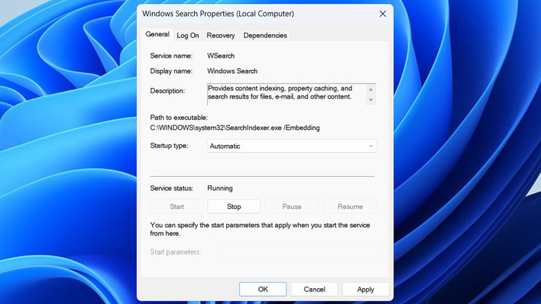 Windows search properties dialog box