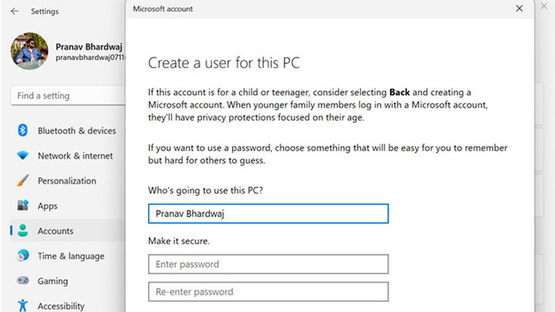 Creating New User Account Windows 11