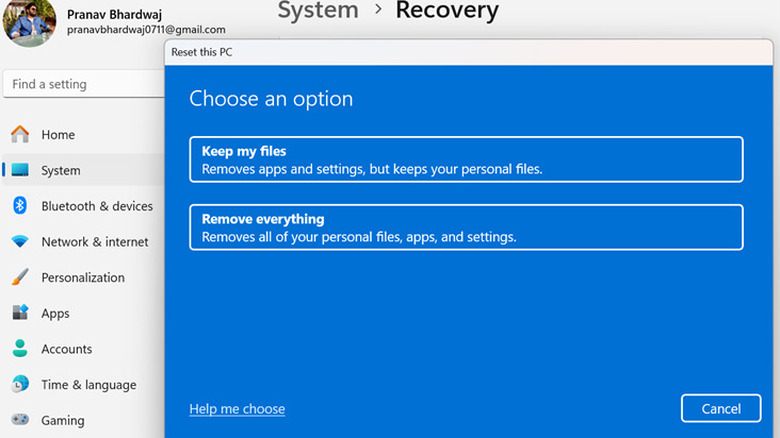 Resetting Windows 11 recovery menu