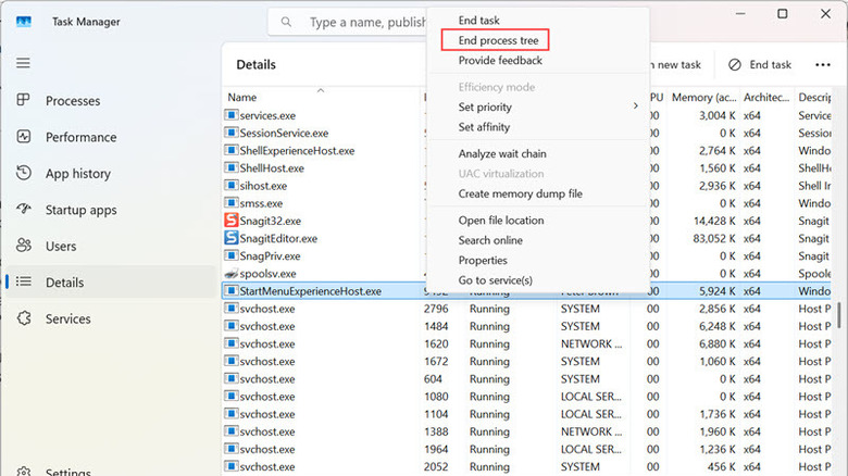 Task Manager End Process Tree menu