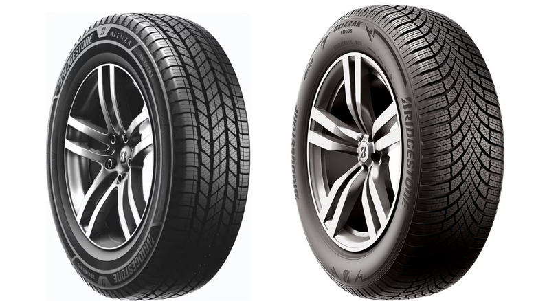 Bridgestone all-season (left) vs winter tires (right)