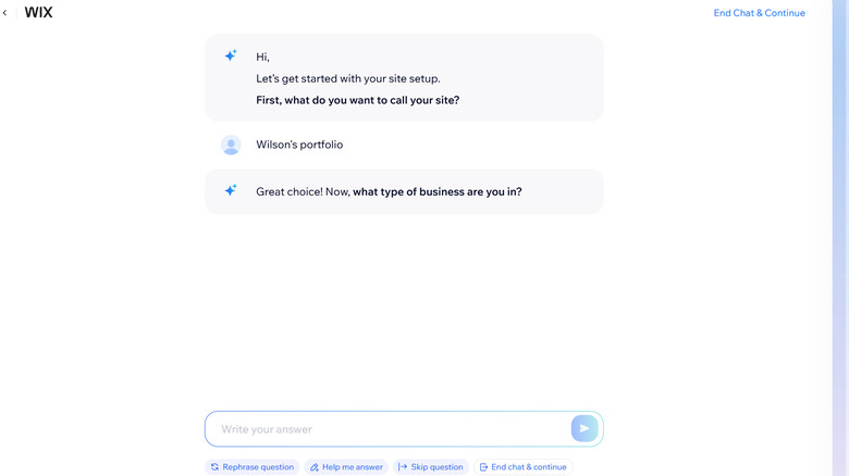 Wix AI questionnaire screenshot