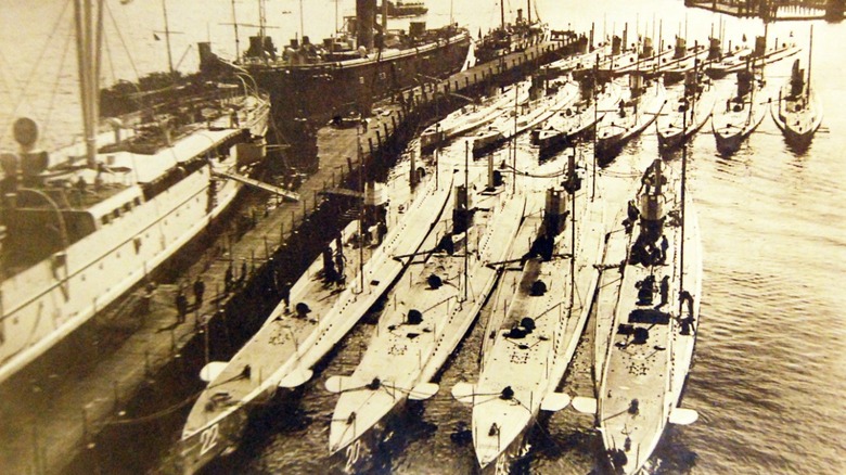 WWI German submarines in harbor photographed