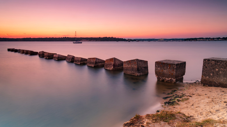 Remnants of WWII Dragon's teeth at Poole Harbour in Dorset, southern England.