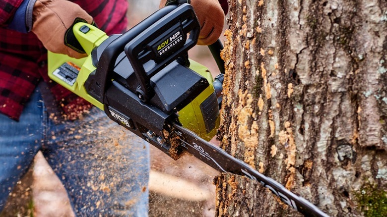 Ryobi's 40V HP Brushless 20 Chainsaw in use